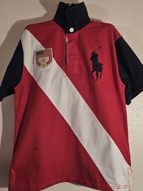 Ralph Lauren Red Polo with White Diagonal Sash and Navy Accents